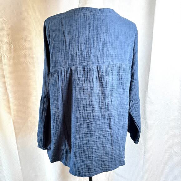 Soft Surroundings Cotton Gauze Peasant Blouse Sz L Blue Boho Tunic Top EUC - Picture 8 of 8
